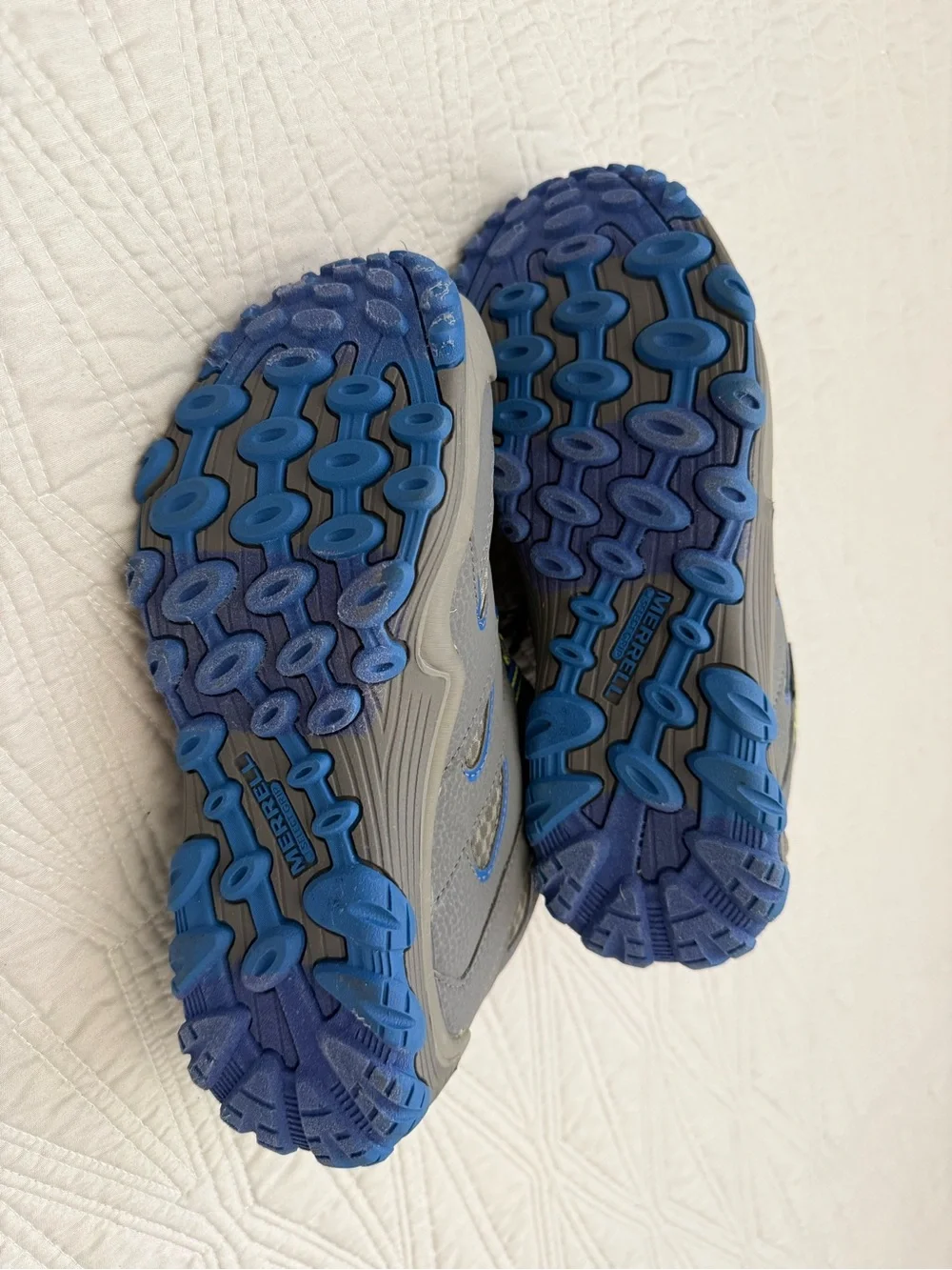Merrell Gray and Blue Trail boots with Neon Green Accents
